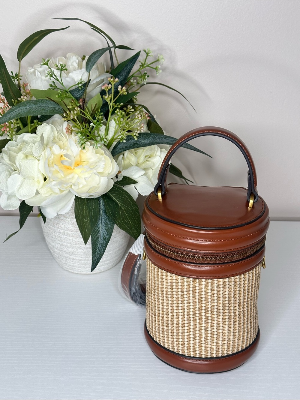 House of Harlow 1960 Woven Bucket Bag Brown Leather Top Handle Crossbody NEW